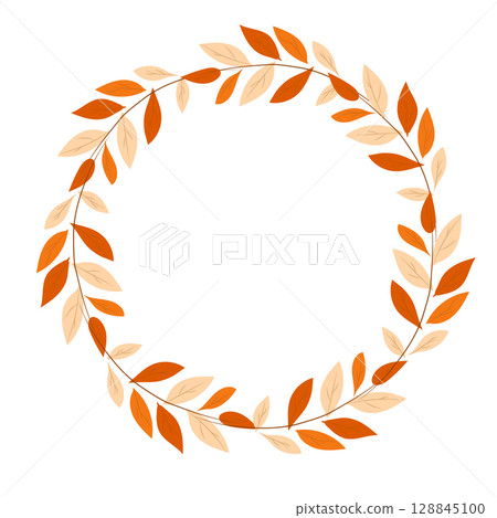 Round wreath made of yellow and orange autumn branches and leaves. Vector illustration on a white background with space for text. Perfect for seasonal cards and designs 128845100