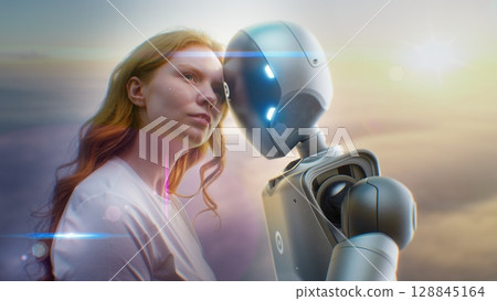 Human-Machine Concept: Visualization of Young Woman Gently Touching Foreheads with Humanoid Robot Human-Machine Concept: Visualization of Young Woman Gently Touching Foreheads with Humanoid Robot 128845164