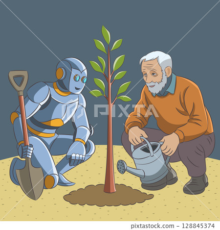 Robot and elderly man planting tree, concept illustration 128845374