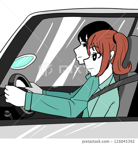 A man and a woman riding in a car 128845392