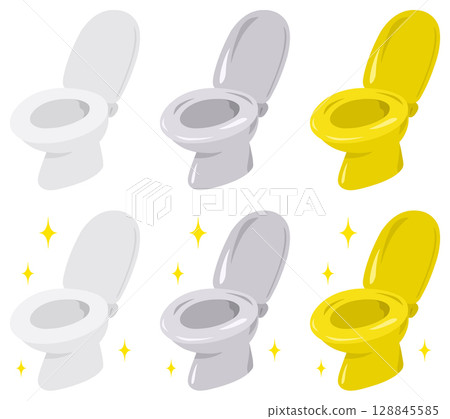 A clean white toilet, a silver toilet, and a gold toilet. A sparkling toilet set. 128845585