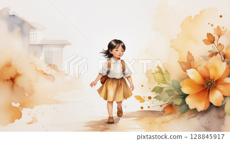 這是一幅美麗的插圖，描繪的是一位身穿制服的女孩走在開滿鮮花的道路上，以溫暖的水彩色調繪製。 128845917