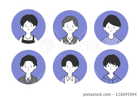 Set of 6 male icons of different ages and occupations: young people, middle-aged, elderly, suits, casual clothes, apron Set of 6 male icons of different ages and occupations: young people, middle-aged, elderly, suits, casual clothes, apron 128845984