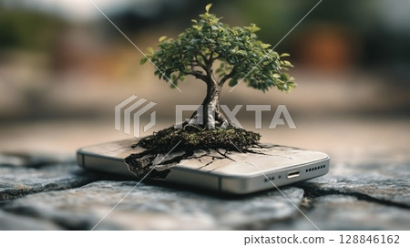 放置在智慧型手機上的室內植物 128846162