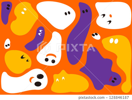 Ghosts - Orange background - Colorful cute ghosts - Silhouettes of ghosts with faces Ghosts - Orange background - Colorful cute ghosts - Silhouettes of ghosts with faces 128846187