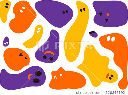 鬼魂,白色背景,色彩鮮豔的可愛鬼魂,有臉的鬼魂輪廓 鬼魂,白色背景,色彩鮮豔的可愛鬼魂,有臉的鬼魂輪廓 128846192