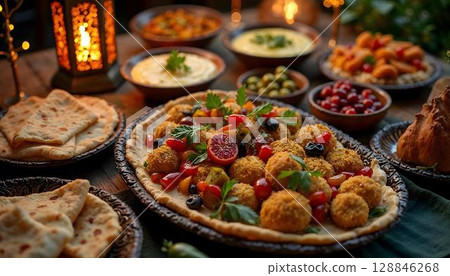 A table adorned with Middle Eastern delicacies pita, olives, hummus, falafel, dolma, and Ramadan-themed decor 128846268