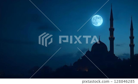 Silhouette of a mosque at night under a glowing moon, symbolizing peace and spirituality during Ramadan 128846285