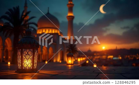 Islamic lanterns and a crescent moon shine against a sunset backdrop, representing Ramadan's beauty by a mosque 128846295
