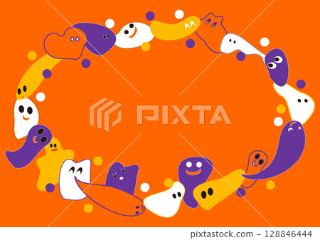Ghosts circular frame orange background, cute ghosts, Halloween color scheme Ghosts circular frame orange background, cute ghosts, Halloween color scheme 128846444
