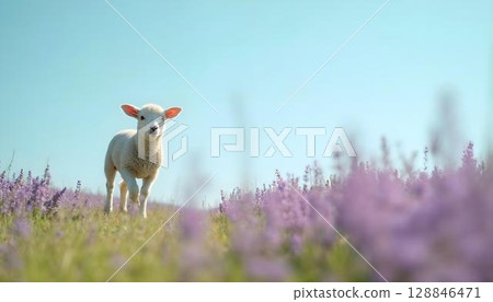 A playful baby lamb in a field of vibrant spring flowers, capturing the essence of a lively meadow scene 128846471