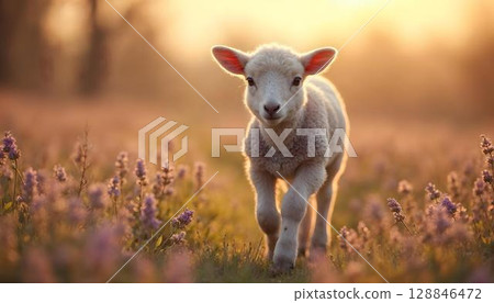 A baby lamb stands amidst a colorful array of flowers in a sunny meadow, symbolizing the joy of springtime A baby lamb stands amidst a colorful array of flowers in a sunny meadow, symbolizing the joy of springtime 128846472