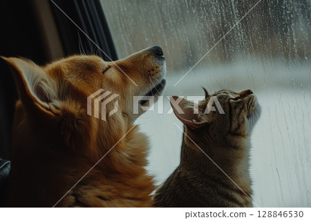Cozy Winter Scene with Dog and Cat by the Window Cozy Winter Scene with Dog and Cat by the Window 128846530