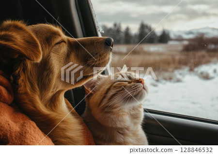 Cozy Winter Scene with Dog and Cat Relaxing Together 128846532