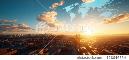 Futuristic Shipping Port with Containers at Sunset, modern logistics and global trade Futuristic Shipping Port with Containers at Sunset, modern logistics and global trade 128846534