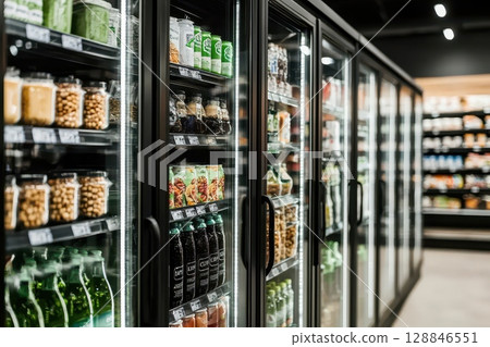 Modern Freezer Section in Futuristic Supermarket Modern Freezer Section in Futuristic Supermarket 128846551