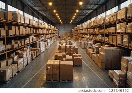 Large Organized Warehouse with Stacked Boxes and Shelves 128846562