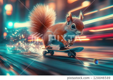 A charming squirrel skillfully skates through a futuristic city capturing the essence of speed and agility in a vibrant 128846589