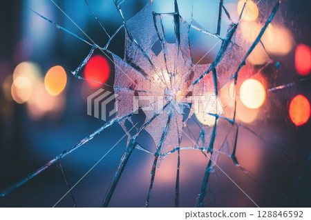 Broken Glass with Bokeh Background and Cobwebs 128846592