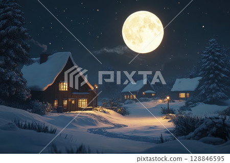 Serene Winter Night in a Rural Landscape Serene Winter Night in a Rural Landscape 128846595
