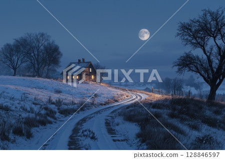 Serene Winter Night in a Rural Landscape 128846597