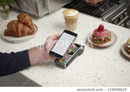 Person Making Contactless Payment Using Smartphone at Cafe with Food and Drink on the Table Person Making Contactless Payment Using Smartphone at Cafe with Food and Drink on the Table 128846626