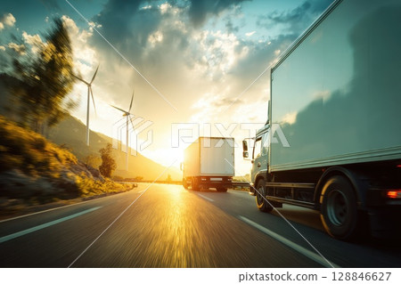 Electric Trucks on Highway with Windmills at Sunset in Rural Landscape Electric Trucks on Highway with Windmills at Sunset in Rural Landscape 128846627