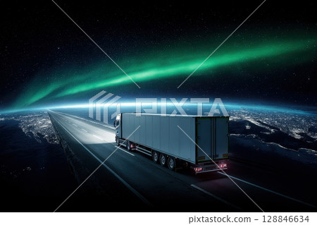 Truck Driving Uphill Toward Glowing Green Earth Under Northern Lights at Night Sky 128846634