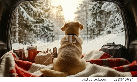 Cute Dog Sitting on Soft Blanket in Car Trunk Cute Dog Sitting on Soft Blanket in Car Trunk 128846684