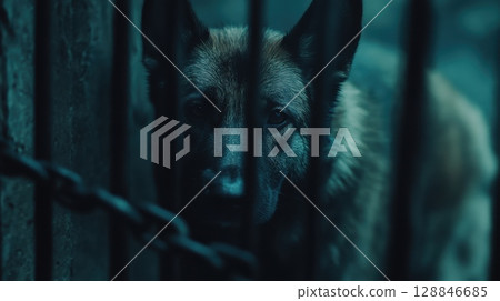 Dog in Iron Cage Experiencing Emotional Distress Dog in Iron Cage Experiencing Emotional Distress 128846685