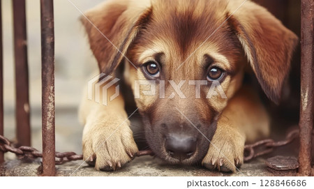 Sad Dog in Iron Cage with a Heartbreaking Expression Sad Dog in Iron Cage with a Heartbreaking Expression 128846686