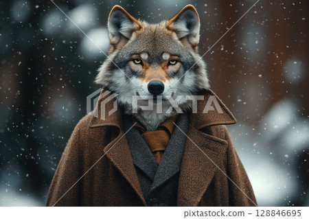 Ultra Realistic Portrait of a Wolf in Winter Scene 128846695