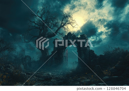 Eerie Cemetery Gate Under Dark Skies 128846704