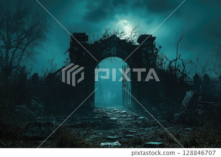 Moonlit Old Cemetery Gate in Dark Atmosphere 128846707