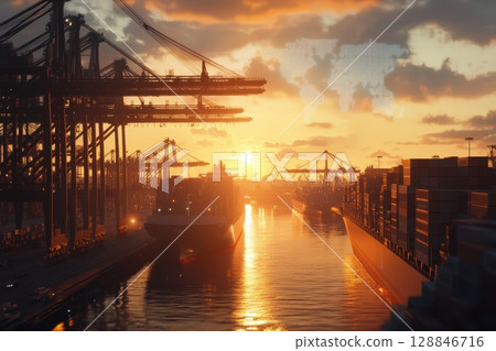 Futuristic Shipping Port at Sunset with Towering Cranes, Reflecting the industry's complexity and beauty 128846716
