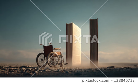 Empty Wheelchair Positioned Before Giant Open Book in Surreal Landscape Empty Wheelchair Positioned Before Giant Open Book in Surreal Landscape 128846732