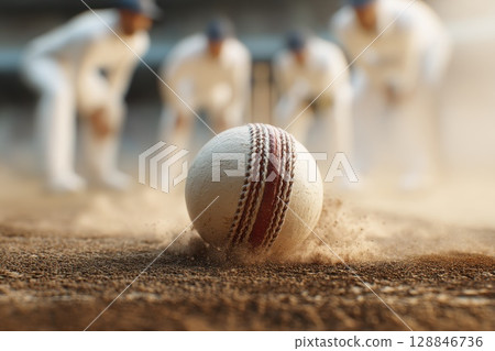 Close-up of Cricket Ball on Dusty Pitch with Fielders in Background Ready for Action Close-up of Cricket Ball on Dusty Pitch with Fielders in Background Ready for Action 128846736