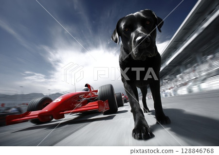 Chunky Labrador Trotting Alongside Open Wheel Car at a Racing Track in Dynamic Scene 128846768