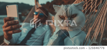 Relaxed Astronaut Swinging in a Hammock with a Plump Cat Enjoying Leisure Time by the Water 128846778