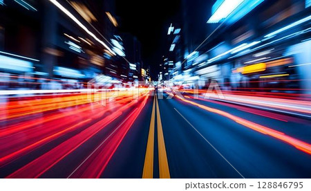 Nighttime city street, blurred and adorned with abstract neon lights, evoking a lively and energetic urban vibe 128846795