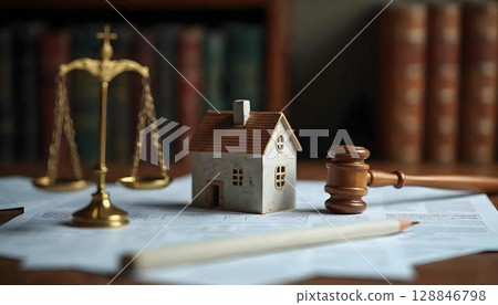 On a wooden table, a gavel and scale of justice accompany a house model, highlighting real estate law and financial legalities 128846798