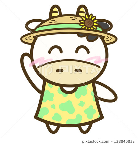 Full-body illustration of a cow wearing a straw hat with a sunflower (summer, cute character) 128846832