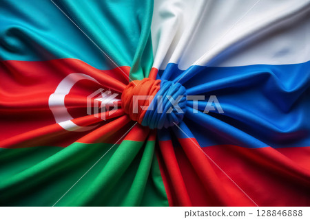 flags of russia and azerbaijan tied in a knot, concept of friendship between countries 128846888