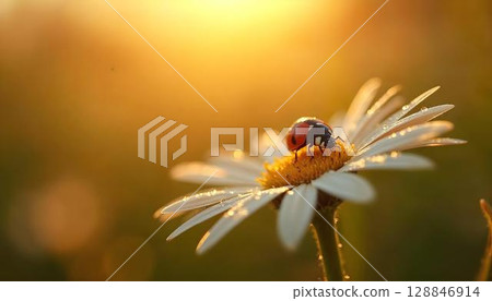 A ladybug on a daisy amidst a colorful spring meadow, capturing the charm of the season and its lively inhabitants 128846914