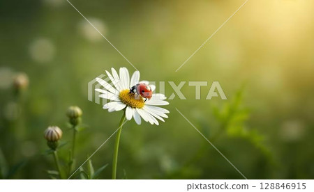 A ladybug perched on a daisy in a vibrant spring meadow, showcasing nature's beauty and delicate details 128846915