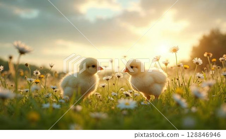 Several fluffy chicks exploring a sunny field of daisies, capturing the essence of spring in a picturesque meadow 128846946