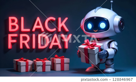 robot with gift boxes and neon sign red black friday sale concept 128846967