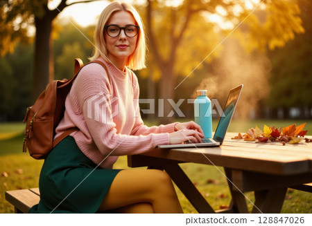 female freelance entrepreneur working on laptop in park sitting on bench at table 128847026
