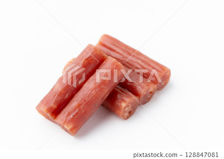 Dry sausage (Kalpas) on white background Dry sausage (Kalpas) on white background 128847081