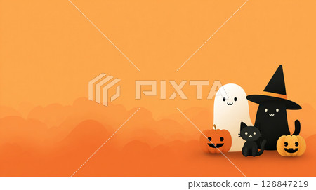萬聖節插圖,有可愛的鬼魂、南瓜和黑貓 萬聖節插圖,有可愛的鬼魂、南瓜和黑貓 128847219